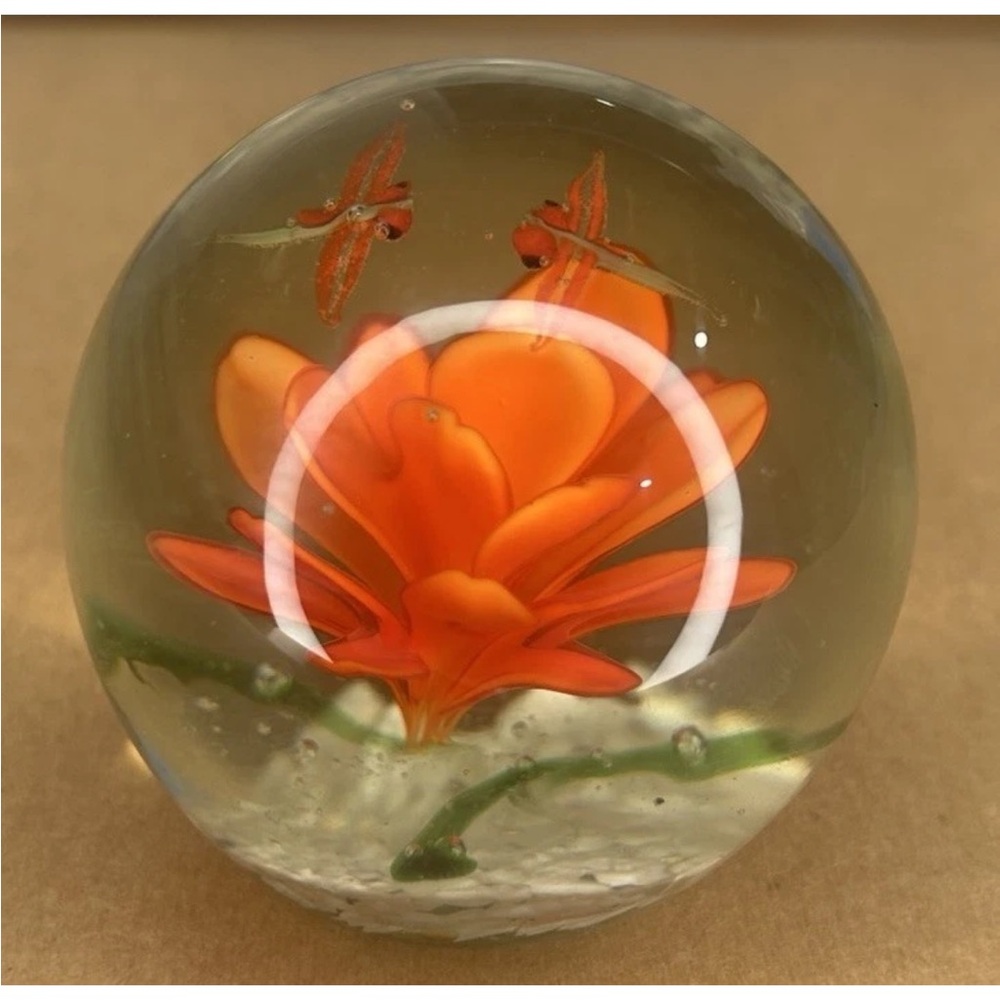 Vintage Art Glass Paperweight Orange Flower and Dragon Fly 3.5"  1.46lb